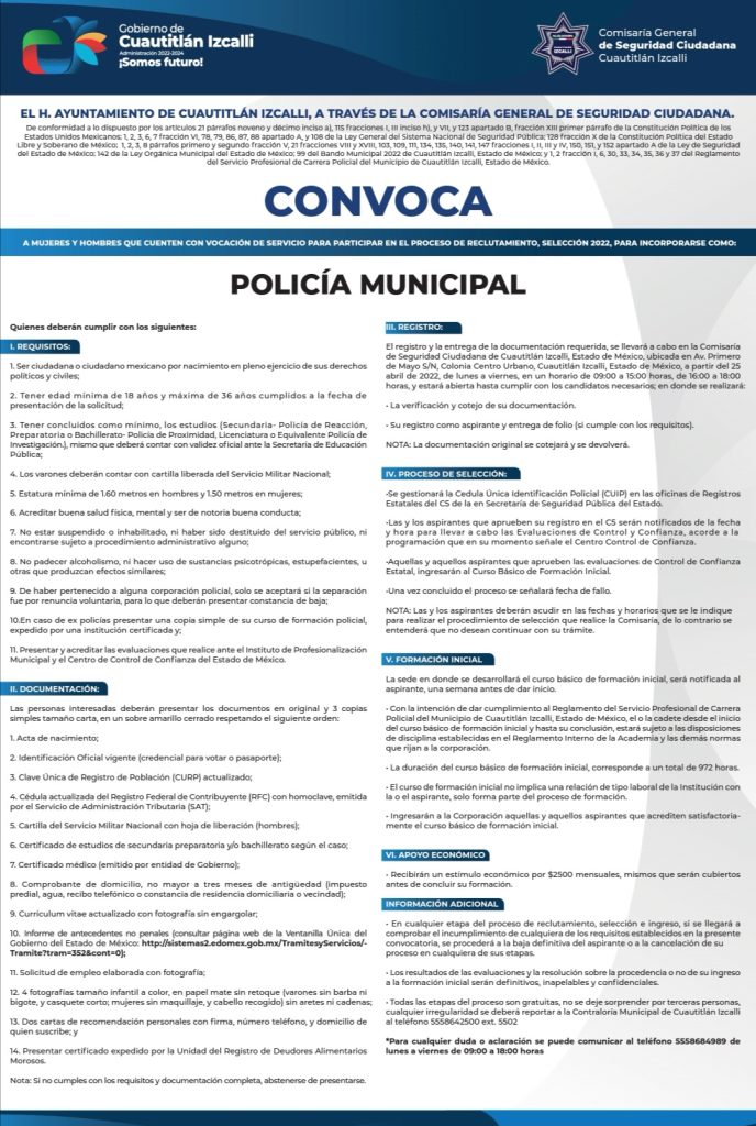 GOBIERNO DE CUAUTITLÁN IZCALLI ABRE CONVOCATORIA PARA INCORPORAR NUEVOS ELEMENTOS A LA POLICÍA MUNICIPAL