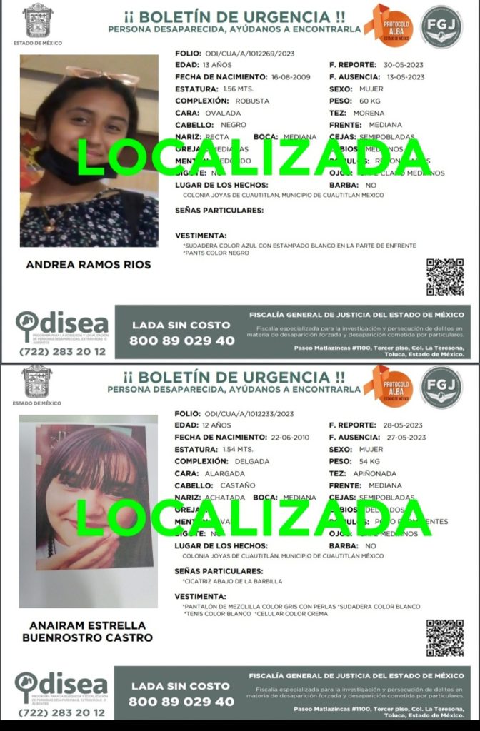 CELULAS DE BUSQUEDA DE CUAUTITLÁNLOCALIZAN A DOS MENORES DESAPARECIDAS