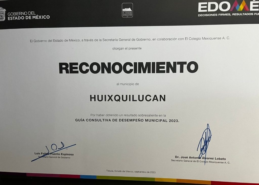 POR SEGUNDO AÑO CONSECUTIVO, OBTIENE HUIXQUILUCAN RECONOCIMIENTO POR SU DESEMPEÑO INSTITUCIONAL