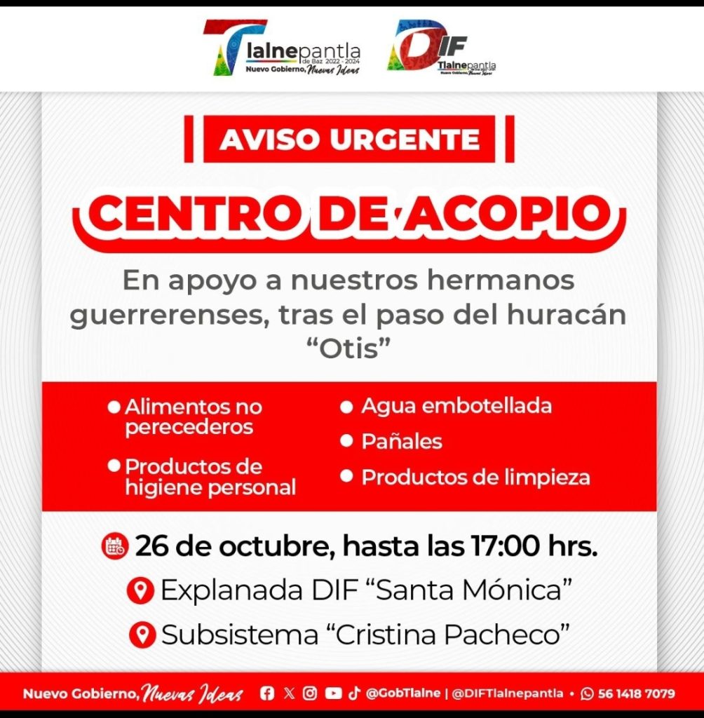 INSTALA DIF TLALNEPANTLA CENTRO DE ACOPIO DE VÍVERES PARA LOS DAMNIFICADOS POR EL HURACÁN OTIS