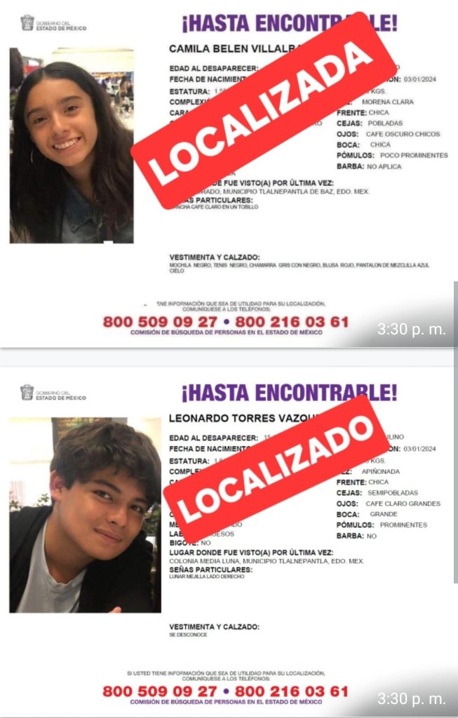 DESPUÉS DE 96 HORAS DE BUSQUEDA, FUERON LOCALIZADOS SANOS Y SALVOS DOS JÓVENES DE TLALNEPANTLA